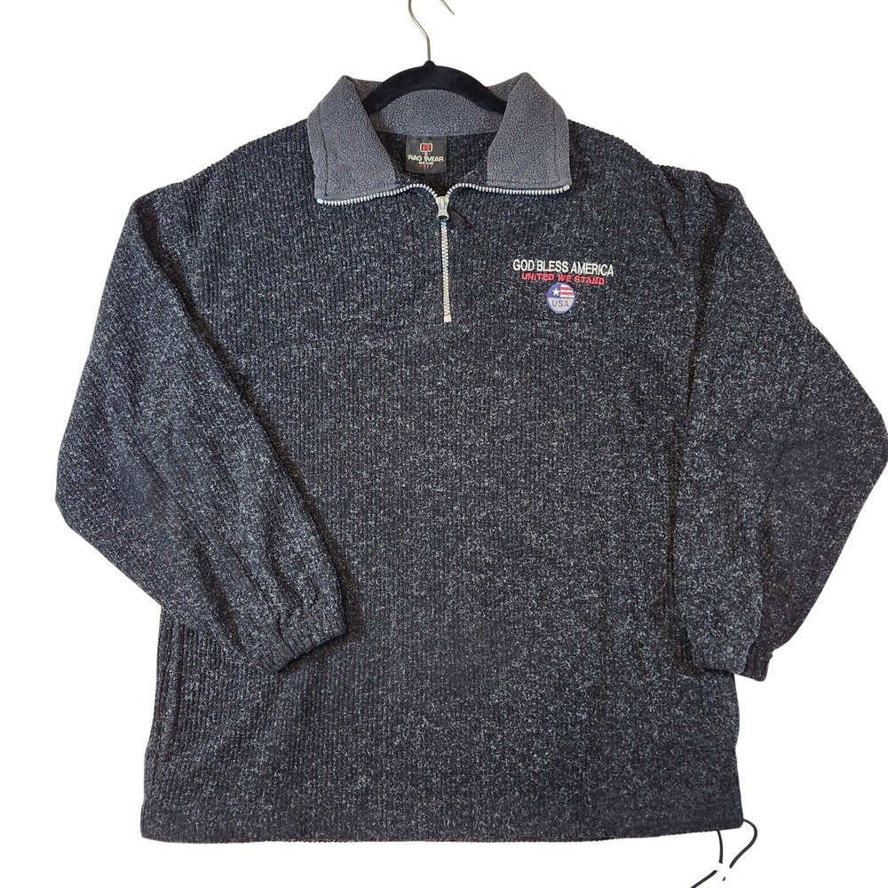Rag Wear‎ Mens Small Quarter Zip Pullover Charcoal Grey God Bless America USA